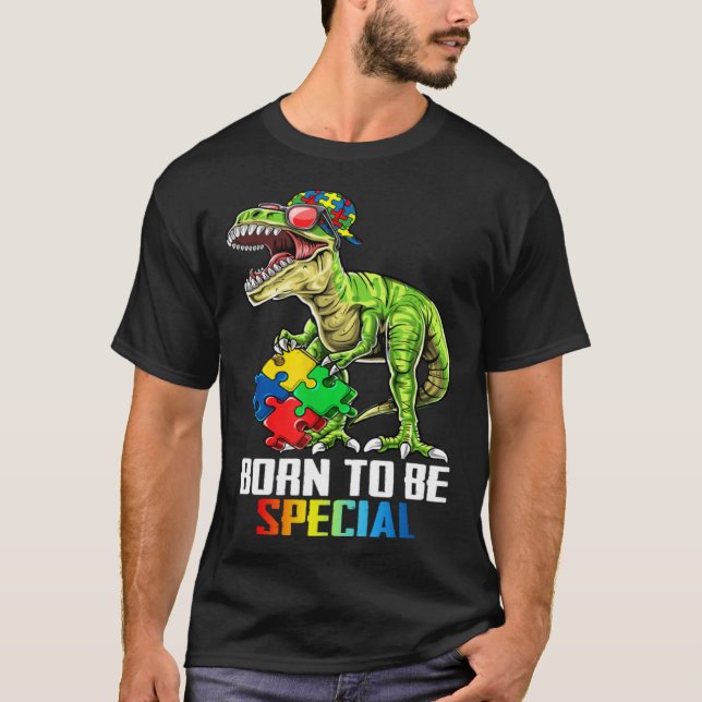 Camiseta Born Special Trex Puzzle Dino Boys Autism Awarenes (Frente)
