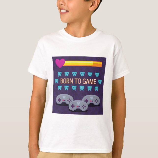 Camiseta Born to Game - Arte Pixel Retro de 8 Bits (Frente)