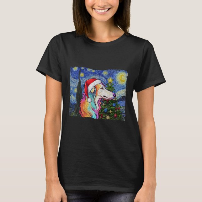 Camiseta Borzoi Santa Hat Natal Starry Night Dog Art Pa (Frente)