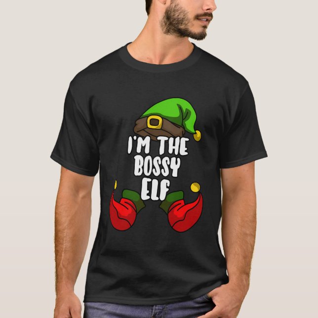 Camiseta Bossy Elf Matching Family Group Festa de Natal Pa (Frente)