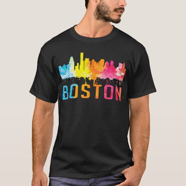 Camiseta Boston Massachusetts Retro Watercolor Skyline Souv (Frente)