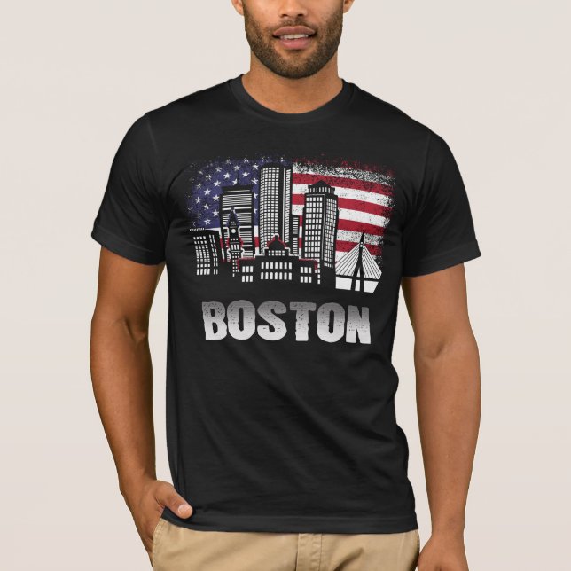 Camiseta Boston Skyline American Flag T-Shirt (Frente)