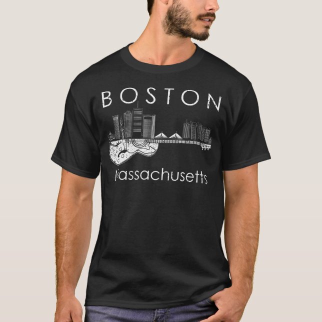 Camiseta Boston Souvenir Men Massachusetts Skyline Music Gu (Frente)
