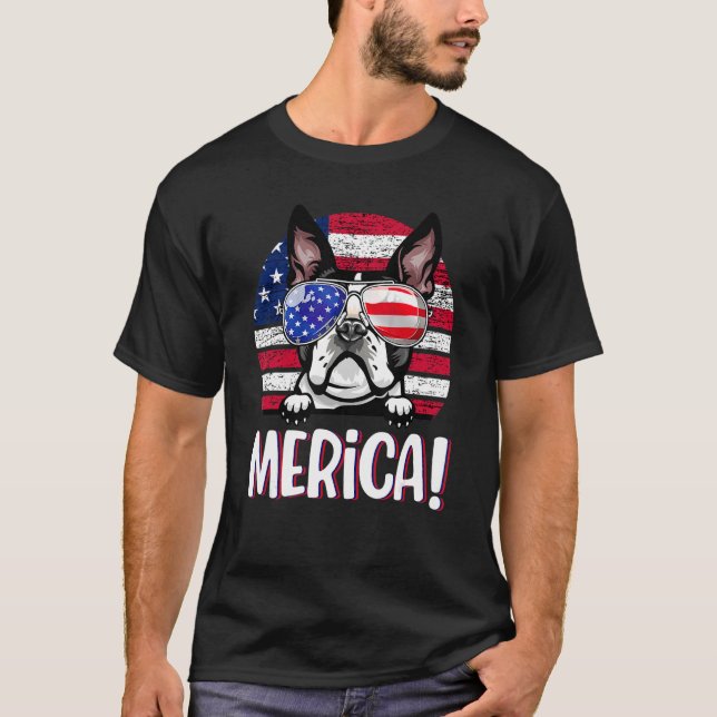 Camiseta Boston Terrier, 4 de julho, American Flag Dog Usa (Frente)