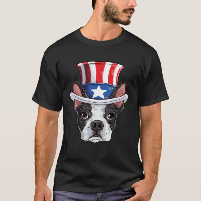 Camiseta Boston Terrier 4th of July Uncle Sam Kids Boys Ame (Frente)