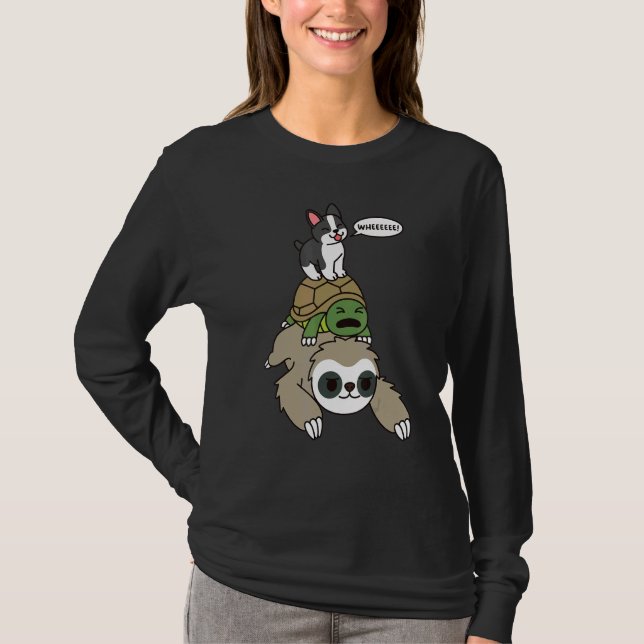 Camiseta Boston Terrier Andando Sloth Tortoise Cão (Frente)