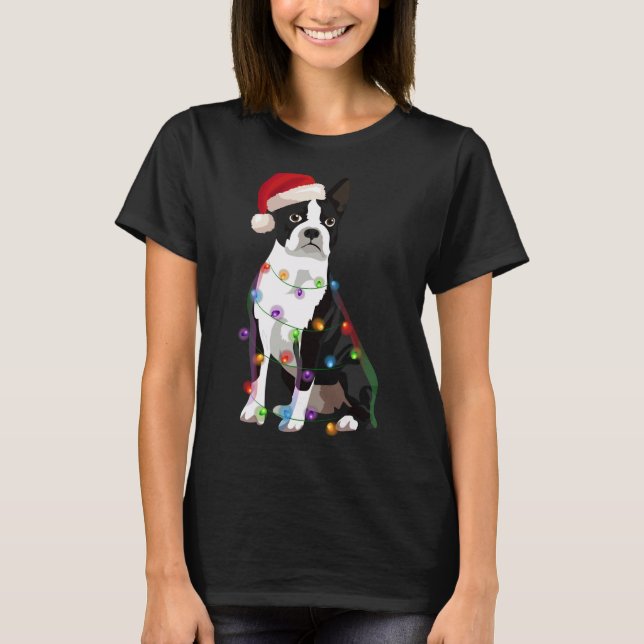 Camiseta Boston Terrier Bostie natalícia Luzes Xmas Cão Lo (Frente)