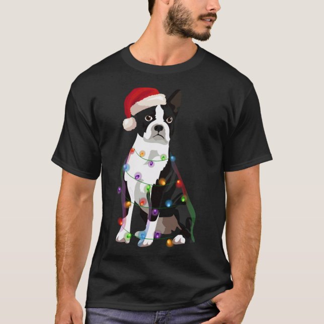 Camiseta Boston Terrier Bostie natalícia Luzes Xmas Cão Lo (Frente)