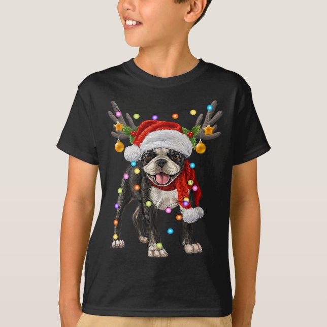 Camiseta Boston terrier cão luzes de Natal (Frente)