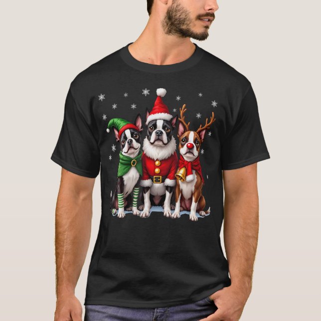 Camiseta Boston Terrier Christmas Dogs Funny Santa Reindeer (Frente)