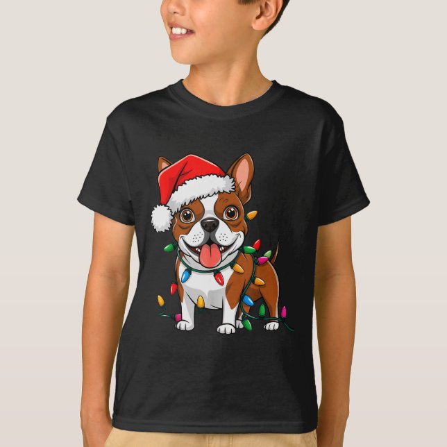Camiseta Boston Terrier Christmas Lights Xmas Dogs Men Wome (Frente)