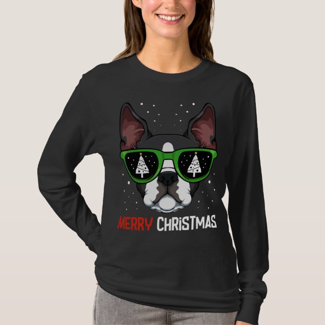 Camiseta Boston Terrier Christmas Pajama Dog Sunglass X-M (Frente)