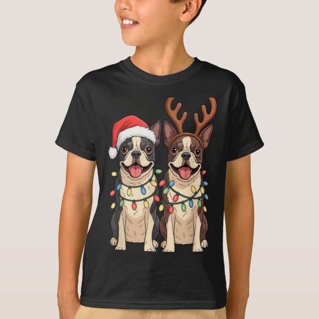 Camiseta Boston Terrier Christmas Santa Hat Reindeer Lights (Frente)