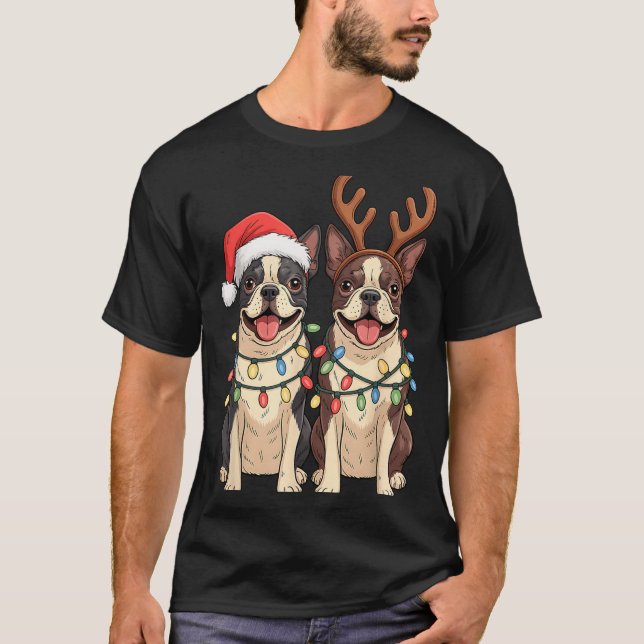Camiseta Boston Terrier Christmas Santa Hat Reindeer Lights (Frente)