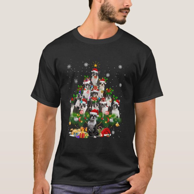 Camiseta Boston Terrier Christmas Tree Lights Dog Xmas (Frente)
