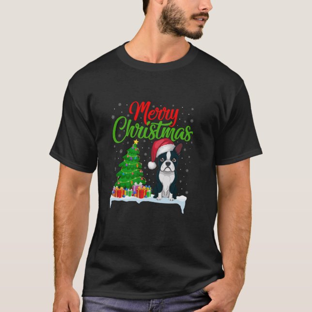 Camiseta Boston Terrier Christmas Tree Luz Engraçada Xmas D (Frente)