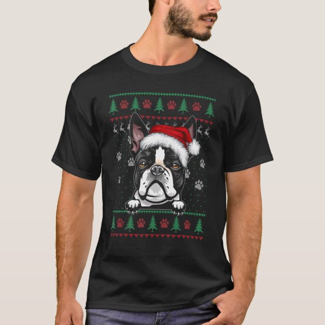 Camiseta Boston Terrier Christmas Ugly Sweater Dog Xmas (Frente)