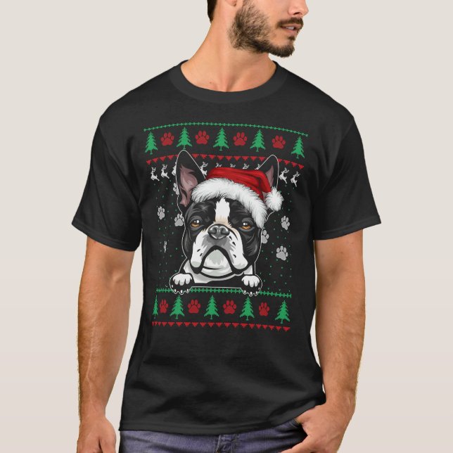 Camiseta Boston Terrier Christmas Ugly Sweater Engraçado Ca (Frente)