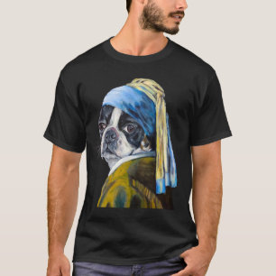 Camiseta Boston Terrier Com A Pérola A Ouvir Muito Tempo