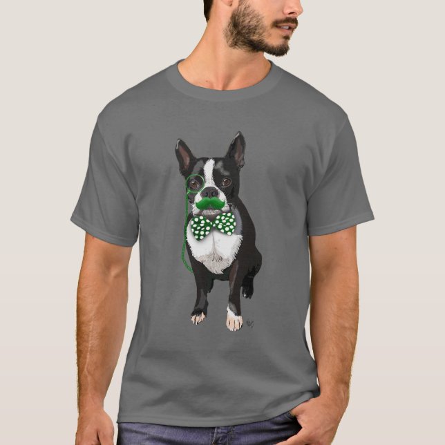 Camiseta Boston Terrier com bigode verde e safado (Frente)
