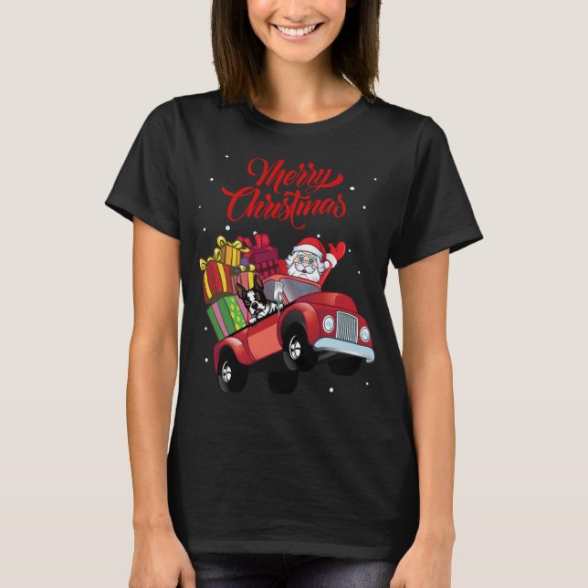 Camiseta Boston Terrier com Papai Noel em Red Truck Dog (Frente)