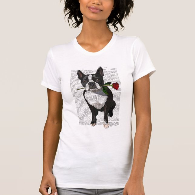 Camiseta Boston Terrier com Rosa em Boca (Frente)