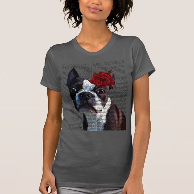 Camiseta Boston Terrier com Rosa na cabeça (Frente)