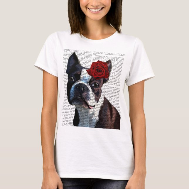 Camiseta Boston Terrier com Rosa na cabeça (Frente)