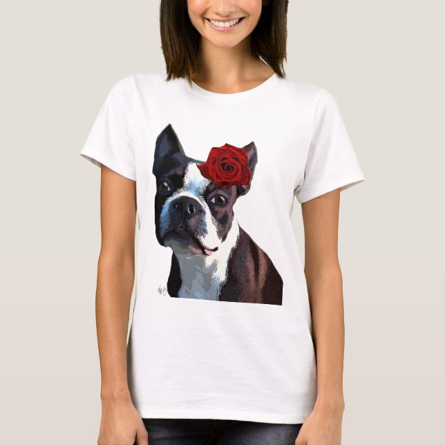 Camiseta Boston Terrier com Rosa no cabeçalho 2 (Frente)