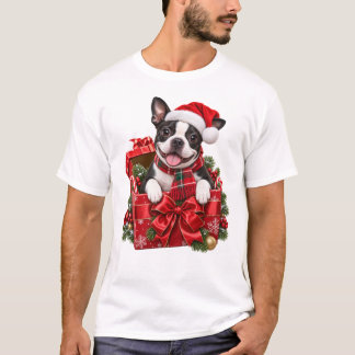 Camiseta Boston Terrier de Natal Sentado em uma Caixa de Pr