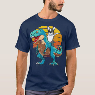 Camiseta Boston Terrier Dog Andando Dinossauro T Rex Boys