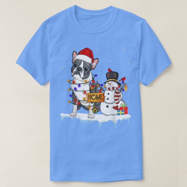 Camiseta boston terrier Dog Christmas Snowman Xmas Lights P (Frente do Design)
