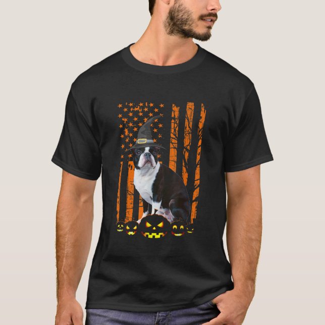 Camiseta Boston Terrier Dog Pumpkin Flag American Witch Hal (Frente)