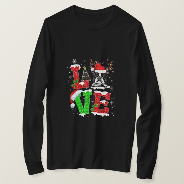 Camiseta Boston Terrier Dog Tree Christmas Luzes Xma (Frente do Design)