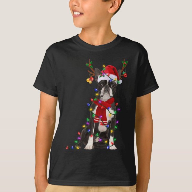 Camiseta Boston Terrier Dog Tree Christmas Luzes Xma (Frente)