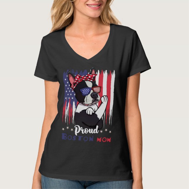 Camiseta Boston Terrier Dog With Sunglasses American Flag (Frente)
