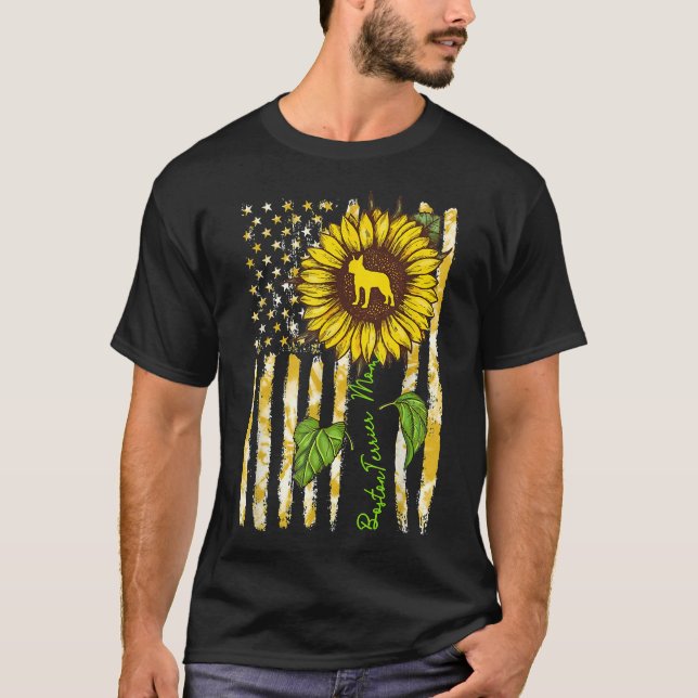 Camiseta Boston Terrier Mãe Sunflower American Flag og (Frente)