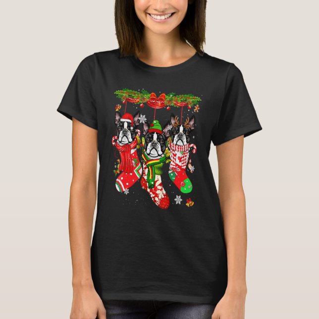 Camiseta Boston Terrier Meias de Natal Figurino Feliz Natal (Frente)