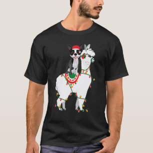 Camiseta Boston Terrier Montado Lhama Luzes Papai Noel Nata