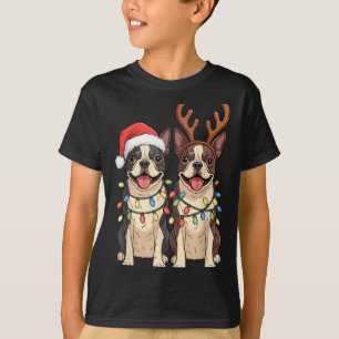 Camiseta Boston Terrier Natal Chapéu de Papai Noel Rena Luz