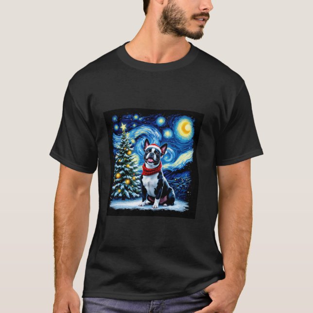 Camiseta Boston Terrier Noite Estrelada Natal Van Gogh Cach (Frente)