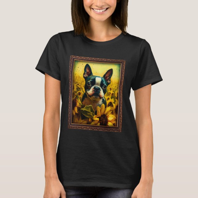 Camiseta Boston Terrier Painting Sunflower Flower Mom Women (Frente)