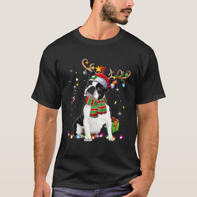 Camiseta Boston Terrier Reindder Santa Hat Christmas Tree L (Frente)