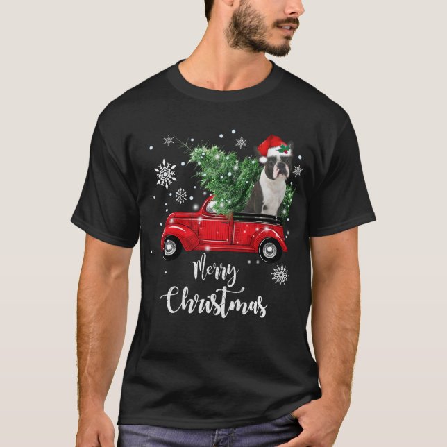 Camiseta Boston Terrier Ride Red Truck Natal Pajama (Frente)