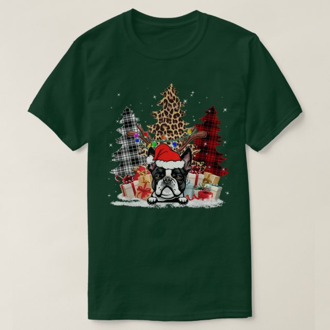 Camiseta Boston Terrier Santa Hat Light Buffalo Xadrez Leop (Frente do Design)