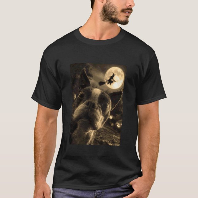 Camiseta Boston Terrier Selfie Full Moon Flying Witch Hallo (Frente)