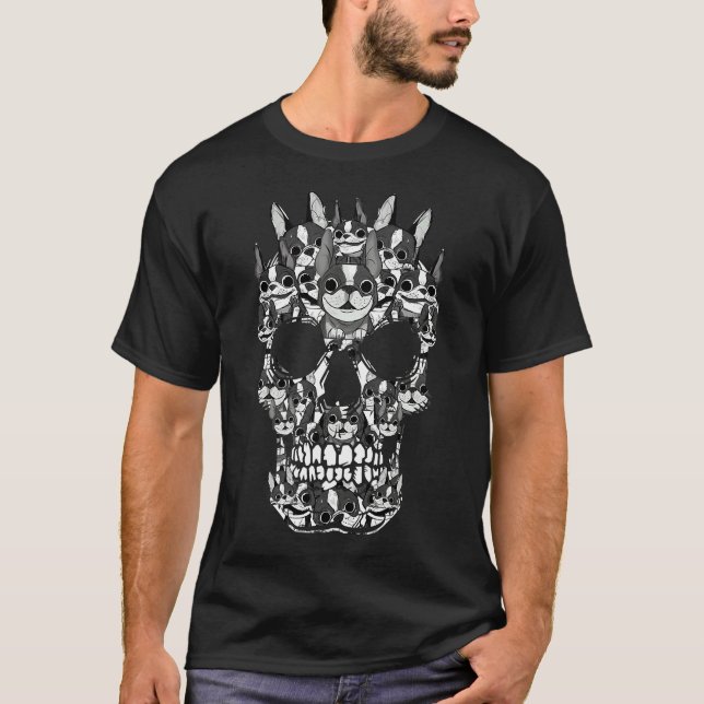 Camiseta Boston Terrier Skull Dog Owner Figurume no Hallowe (Frente)