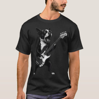 Camiseta Boston Terrier Tocando Baixo Música Rock Cachorro