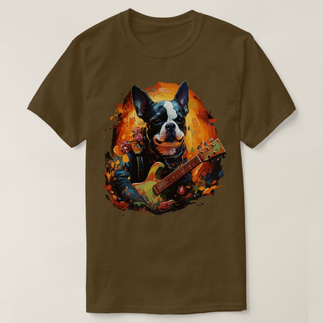 Camiseta Boston Terrier tocando violão (Frente do Design)