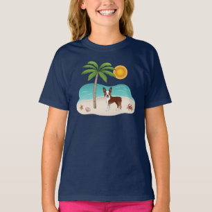 Camiseta Boston Terrier Vermelho em uma Praia Tropical de V